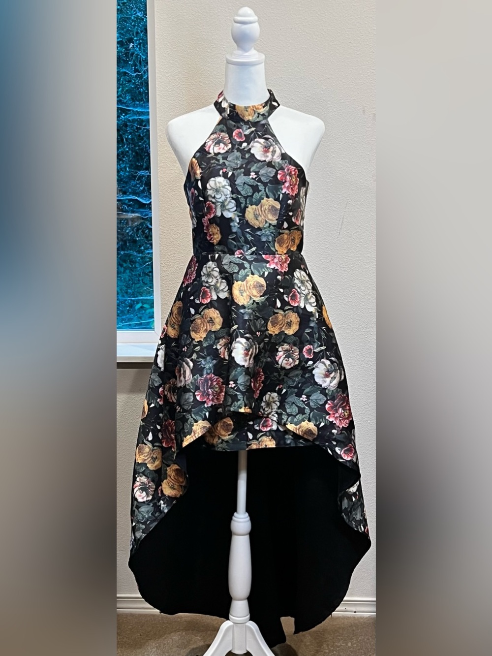 Xkaren Moody Floral Satin Halter High-Low Evening Gown Dress Size small